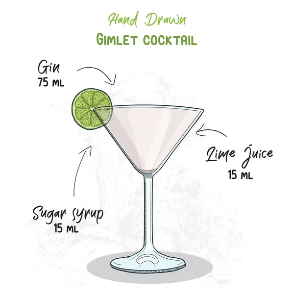 Gimlet Coloré Dessiné Main Summer Cocktail Drink Ingrédients Recette Manuscrite — Image vectorielle