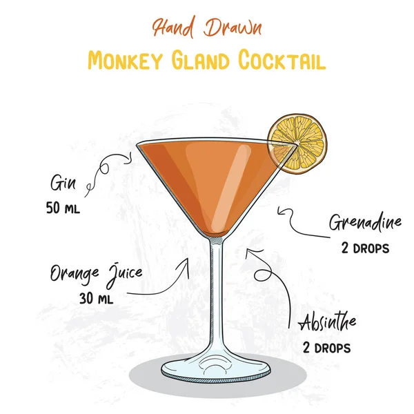 Handgezeichnete Bunte Monkey Dland Sommer Cocktail Drink Zutaten Handgeschriebenes Rezept — Stockvektor