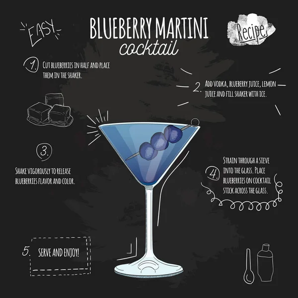 Χειροποίητο Πολύχρωμο Φρέσκο Ποτό Καλοκαίρι Blueberry Martini Συνταγή Στον Πίνακα — Διανυσματικό Αρχείο