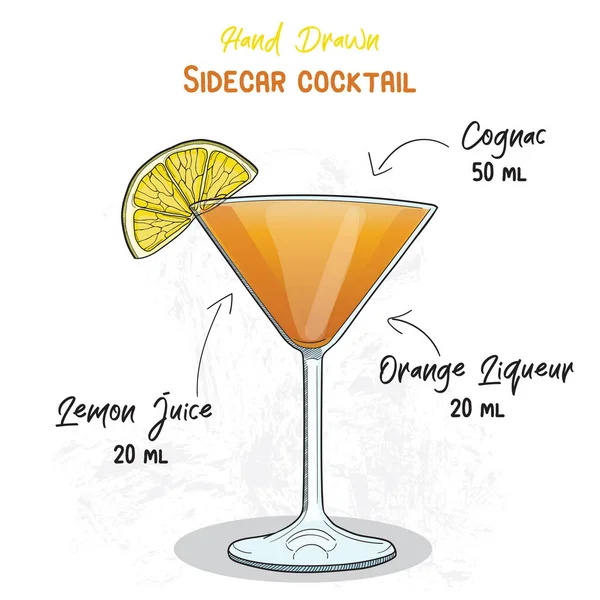 Dibujado Mano Colorido Sidecar Verano Cóctel Bebida Ingredientes Receta Manuscrita — Archivo Imágenes Vectoriales