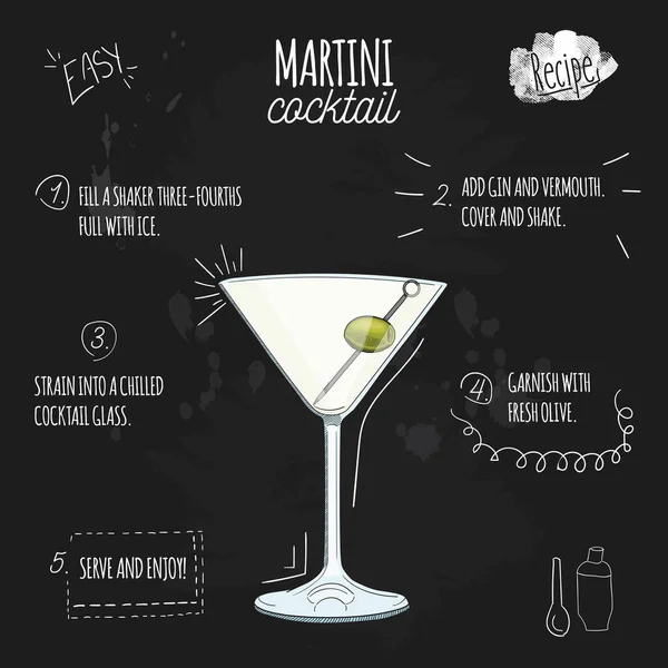 Handgezeichnete Bunte Frische Sommergetränk Martini Rezept Auf Tafel — Stockvektor