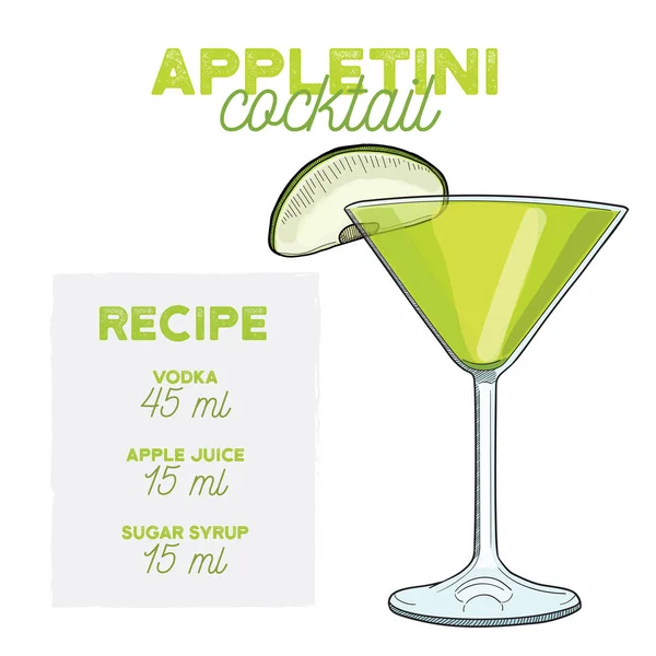 Mão Desenhado Colorido Appletini Summer Cocktail Beber Com Ingredientes —  Vetores de Stock