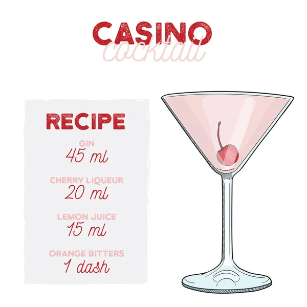 Hand Getekend Kleurrijke Casino Savoy Zomer Cocktail Drink Met Ingrediënten — Stockvector