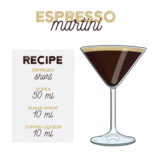 Hand Drawn Colorful Espresso Martini Summer Cocktail Dalam Bahasa Inggris - Stok Vektor