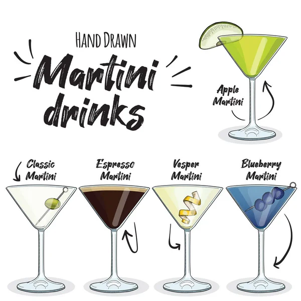 Set Bebidas Martini Coloridas Dibujadas Mano Appletini Classic Espresso Vesper — Vector de stock