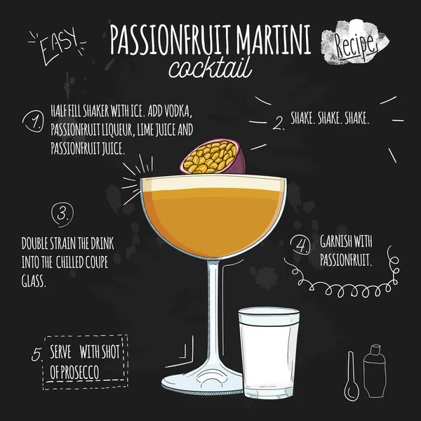 Handgezeichnete Bunte Maracuja Martini Sommercocktail Drink Mit Zutaten Auf Tafel — Stockvektor