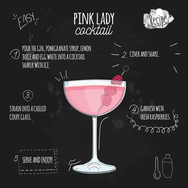 Handgezeichneter Pink Lady Summer Cocktail Drink Mit Zutaten Auf Tafel — Stockvektor