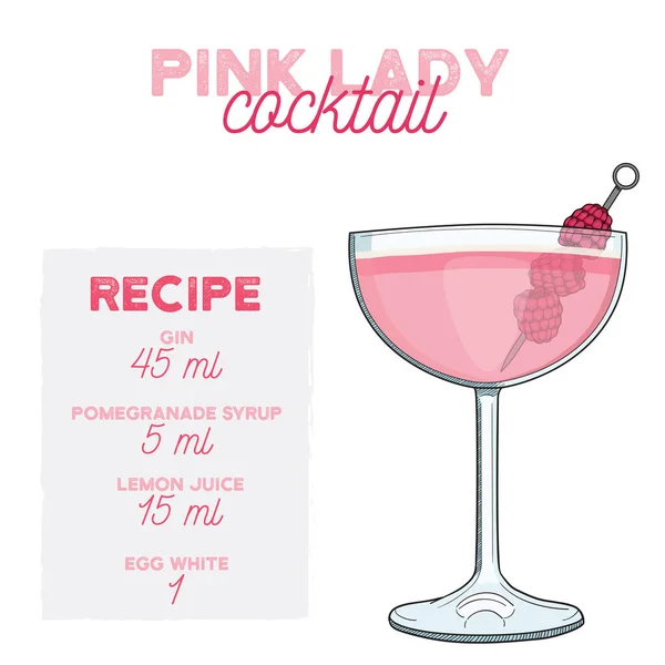 Mão Desenhado Pink Lady Summer Cocktail Beber Com Ingredientes — Vetor de Stock