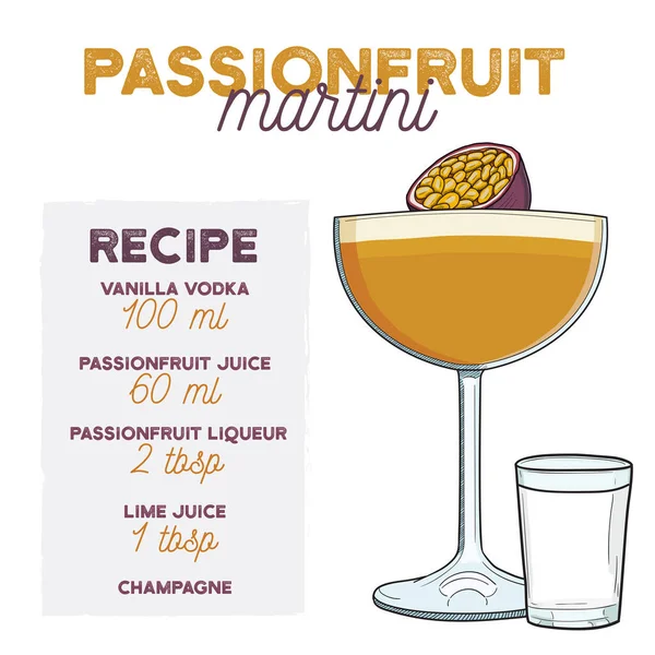 Cóctel Verano Martini Fruta Pasión Colorida Dibujada Mano Beber Con — Vector de stock