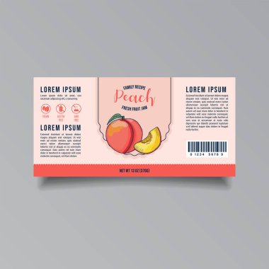 Retro Aile Tarifi Şeftali Reçel Şablonu. Soyut modern vektör paketleme düzeni. Renkli afiş, tipografi ve elle çizilmiş meyve. İzole edilmiş
