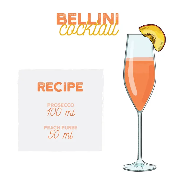 Mão Desenhado Colorido Bellini Summer Cocktail Beber Com Ingredientes — Vetor de Stock
