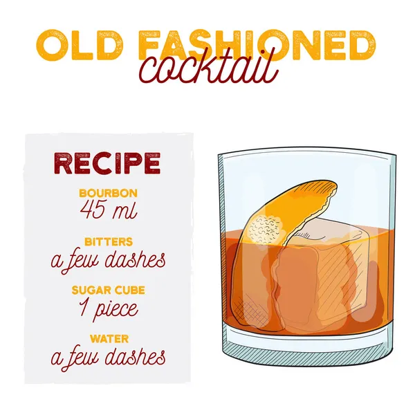 Handgetekende Kleurrijke Old Fashioned Summer Cocktail Drink Met Ingrediënten — Stockvector