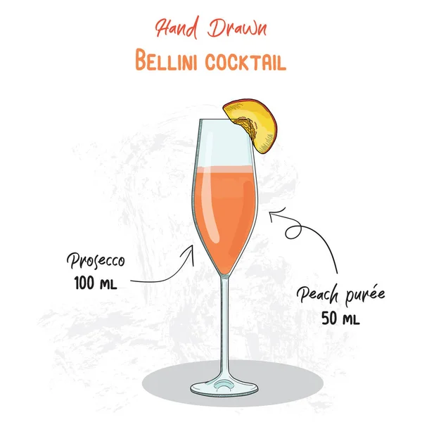 Χειροποίητο Χέρι Ζωηρόχρωμο Bellini Summer Cocktail Συστατικά Ποτό Χειρόγραφο Συνταγή — Διανυσματικό Αρχείο