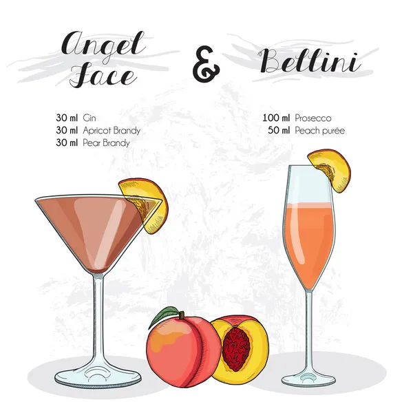 Hand Getrokken Kleurrijke Angel Face Bellini Cocktail Drink Ingrediënten Recept — Stockvector