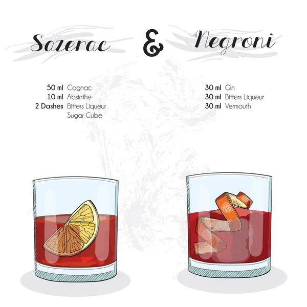 Hand Drawn Colorful Sazerac Negroni Cocktail Drink Ingredients Recipe — 스톡 벡터