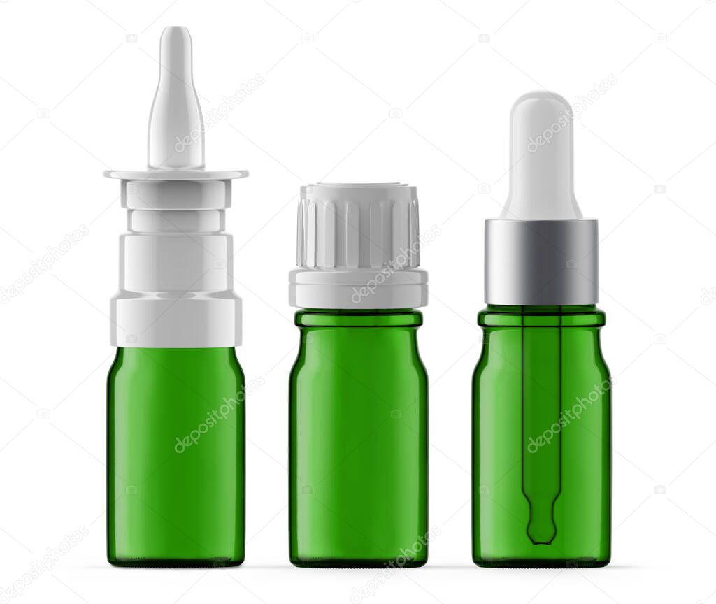 Set of 5 ml Green Glass Bottles. Nasal spray, Essential Oil and Dropper Bottle