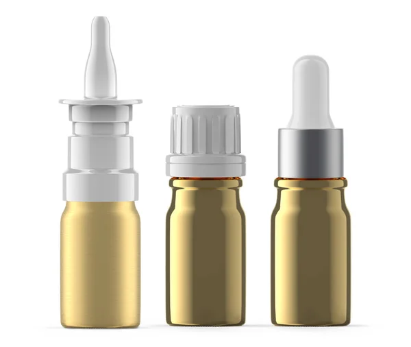 Set Botellas Vidrio Dorado Spray Nasal Aceite Esencial Botella Gotero —  Fotos de Stock