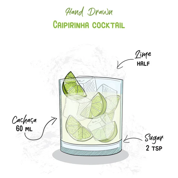 Handgezeichnete Bunte Caipirinha Sommer Cocktail Drink Zutaten Handgeschriebenes Rezept — Stockvektor