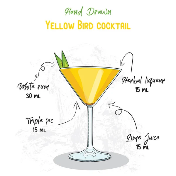 Hand Drawn Colorful Yellow Bird Summer Cocktail Drink Ingredients Handwritten — Stock Vector