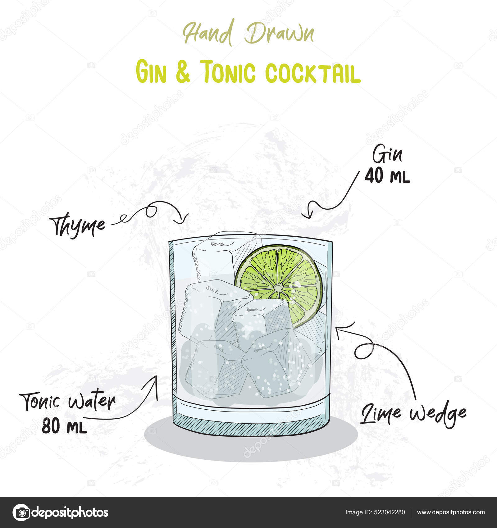 Hand Drawn Colorful Gin Tonic Summer Cocktail Drink Ingredients