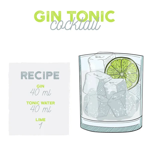Gin Tonic Cocktail Ilustração Receita Bebida Com Ingredientes —  Vetores de Stock