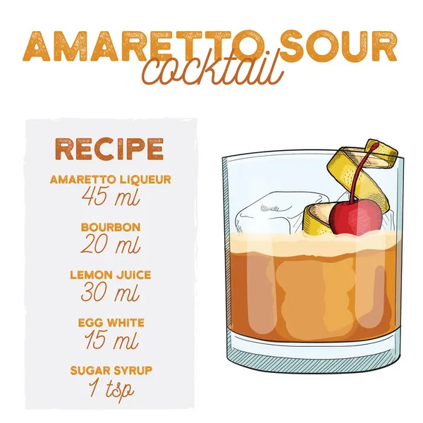 Amaretto Sour Cocktail Ilustración Receta Bebida Con Ingredientes — Vector de stock