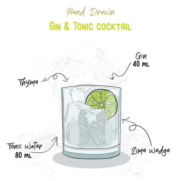 Gin Colorido Dibujado Mano Cóctel Verano Tónico Ingredientes Receta Manuscrita — Vector de stock