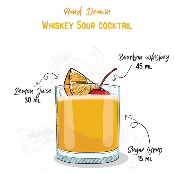 Dibujado Mano Colorido Whisky Amargo Verano Cóctel Bebida Ingredientes Receta — Vector de stock