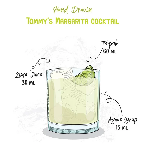 Dibujado Mano Colorido Tommys Margarita Cóctel Verano Ingredientes Receta Manuscrita — Archivo Imágenes Vectoriales