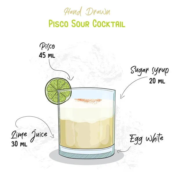 손으로 Colorful Pisco Sour Summer Cocktail Drink Ingredients Handwritten Recipe — 스톡 벡터