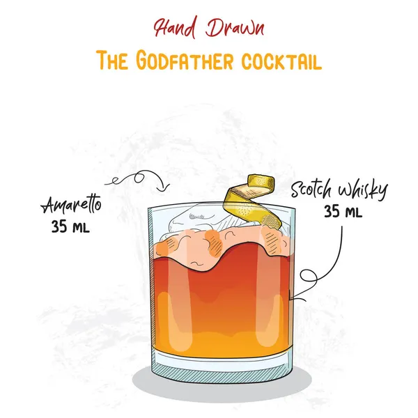 Dessiné Main Coloré Parrain Cocktail Été Ingrédients Recette Manuscrite — Image vectorielle