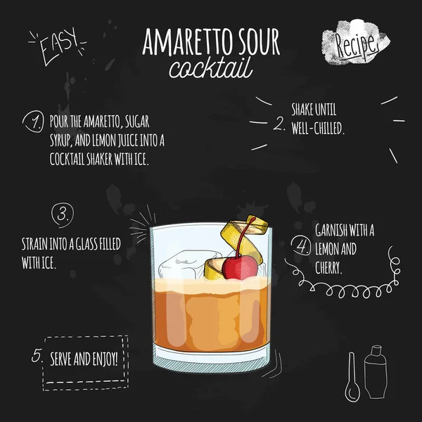 Mão Desenhada Colorido Fresco Verão Bebida Amaretto Azedo Receita Quadro —  Vetores de Stock
