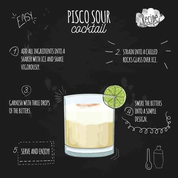 Pisco Sour Cocktail Illustration Recipe Blackboard — 스톡 벡터