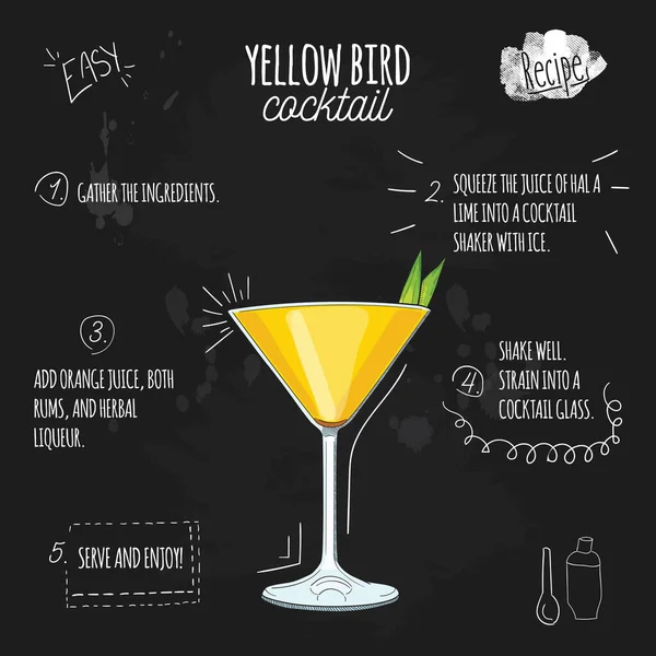 Receta Ilustración Cóctel Pájaro Amarillo Pizarra — Vector de stock