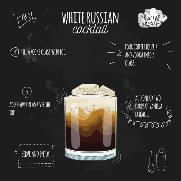 Receta Ilustración Cóctel Ruso Blanco Pizarra — Vector de stock