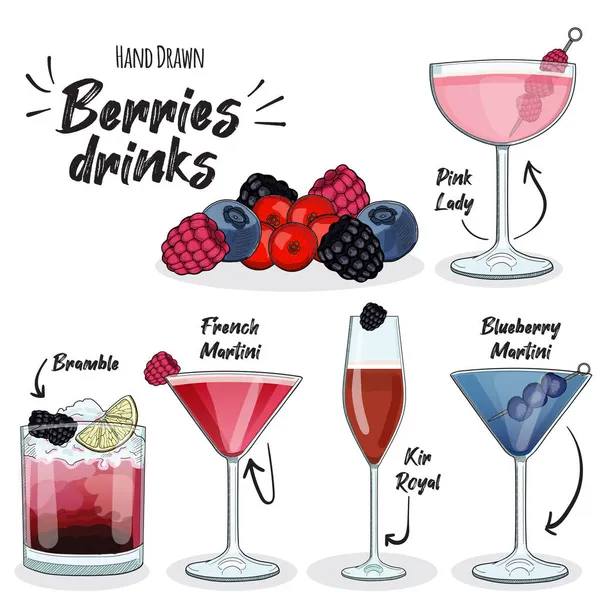 Σύνολο Berry Cocktail Εικονογράφηση Ροζ Lady Bramble French Martini Kir — Διανυσματικό Αρχείο