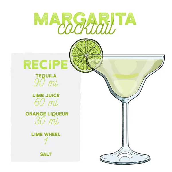 Bebida Receta Ilustración Del Cóctel Margarita Con Ingredientes — Vector de stock