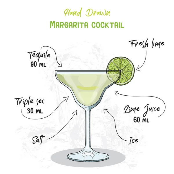 Hand Drawn Colorful Margarita Summer Cocktail Drink Ingredients Handwritten Recipe — 스톡 벡터