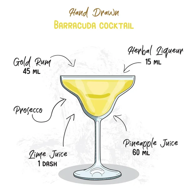 Handgezeichnete Bunte Barrakuda Sommer Cocktail Drink Zutaten Handgeschriebenes Rezept — Stockvektor
