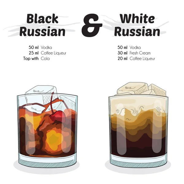 Dessiné Main Coloré Noir Russe Blanc Cocktail Russe Ingrédients Recette — Image vectorielle