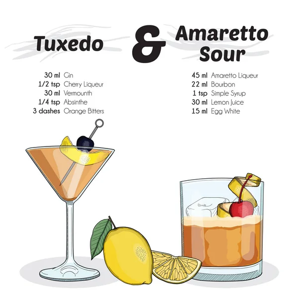 Esmoquin Colorido Dibujado Mano Amaretto Sour Cocktail Drink Ingredients Recipe — Vector de stock