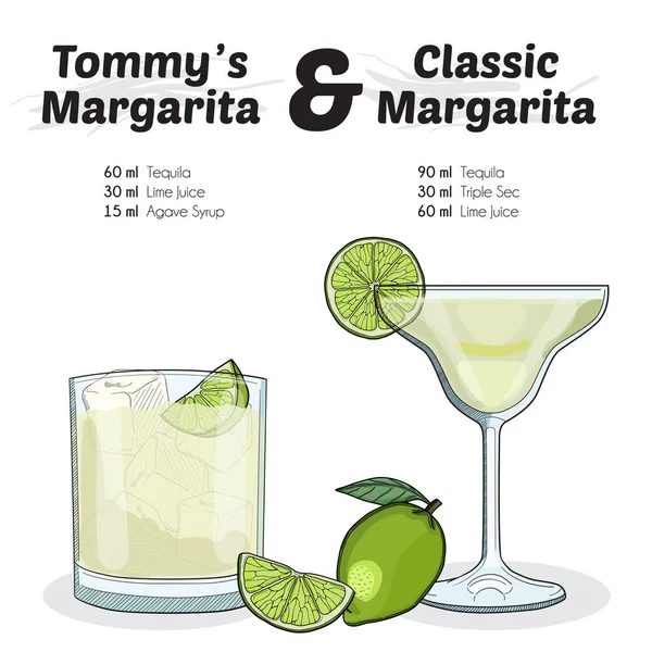 Dibujado Mano Colorido Tommys Margarita Classic Margarita Cocktail Drink Ingredientes — Archivo Imágenes Vectoriales