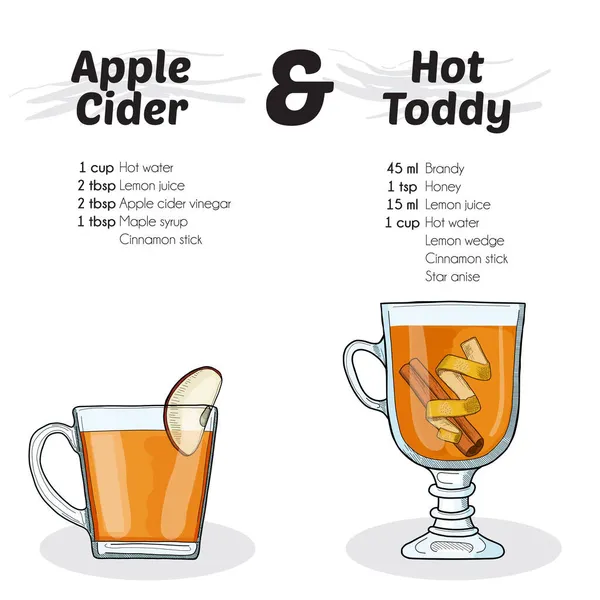 Handgezeichneter Bunter Apfelwein Und Hot Toddy Cocktail Drink Zutaten Rezept — Stockvektor