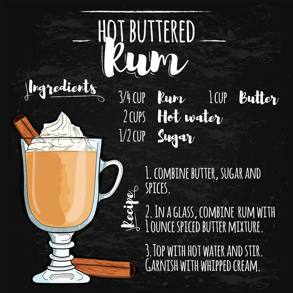 Hot Buttered Rum Hot Drink Illustration Recipe Blackboard — Stock Vector