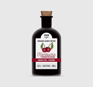 Cherry Kombucha etiket şablonu Çay Şişesi Paketleme izole edildi