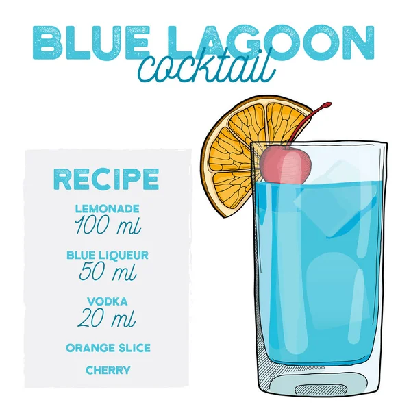 Blue Lagoon Cocktail Illustration Rezept Drink Mit Zutaten — Stockvektor