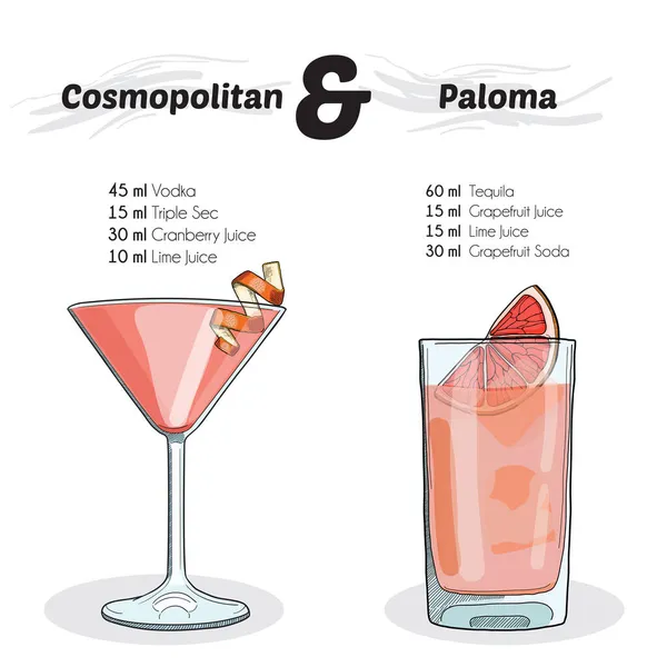 Hand Getekend Kleurrijke Cosmopolitan Paloma Summer Cocktail Drink Ingrediënten Recept — Stockvector