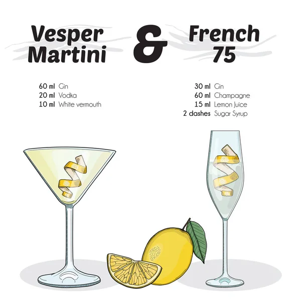 Dibujado Mano Colorido Vesper Martini Francés Cocktail Drink Ingredientes Receta — Vector de stock