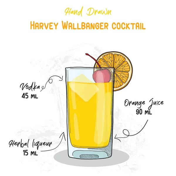 손으로 Harvey Wallbanger Summer Cocktail Drink Ingredients Handwritten Recipe — 스톡 벡터