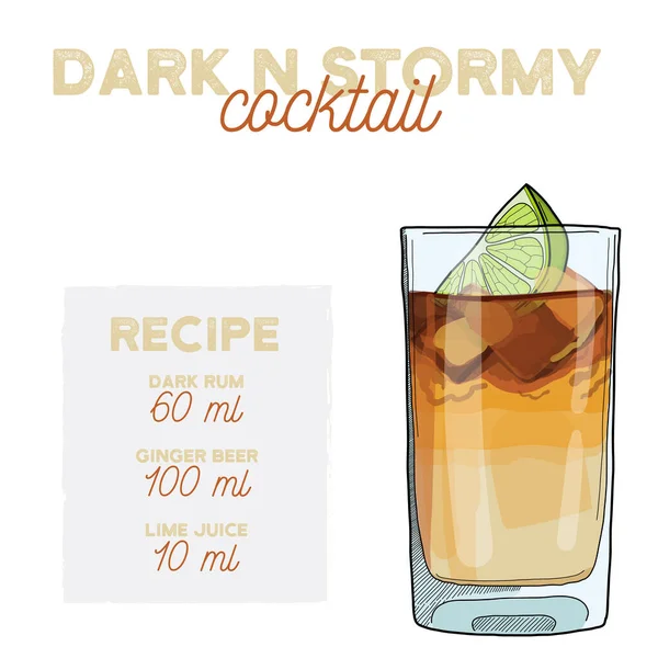 Dark Stormy Cocktail Illustratie Recept Drink Met Ingrediënten — Stockvector